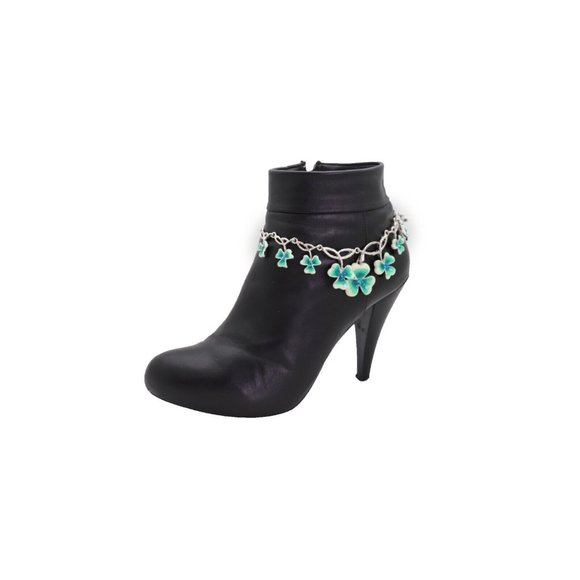 Women Silver Metal Chain Boot Bracelet Shoe Bright Baby Blue Clover Flower Charm - Picture 10 of 12